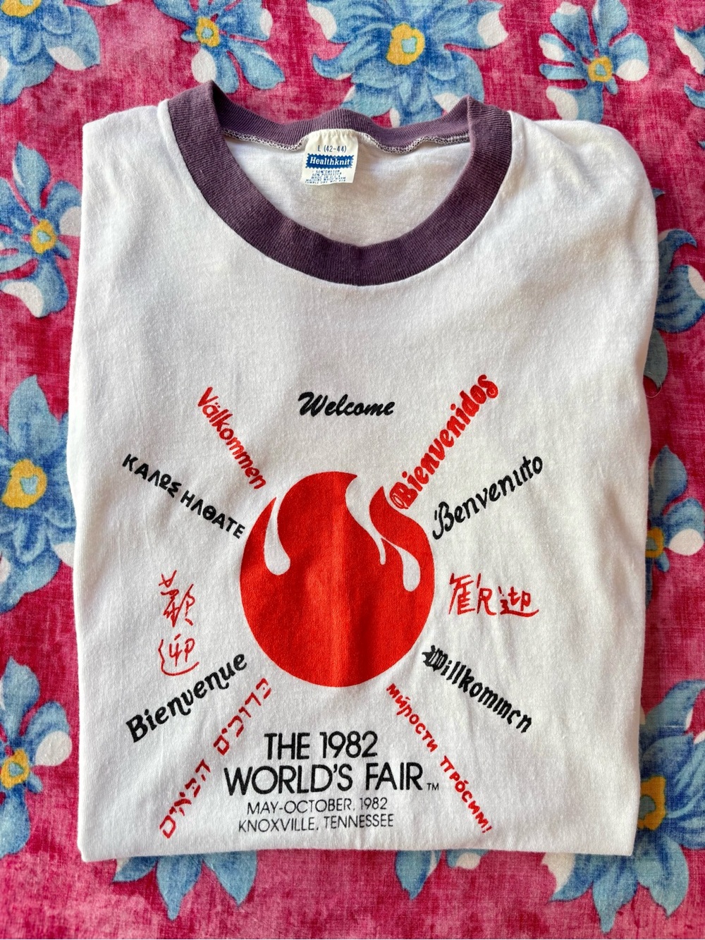 RARE Vintage 1982 World's Fair Knoxville Multilingual Welcome Graphic Ringer Tee